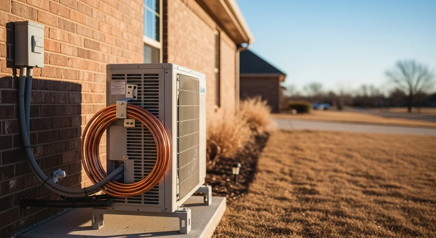 Air conditioning condenser unit installed outside a residential home