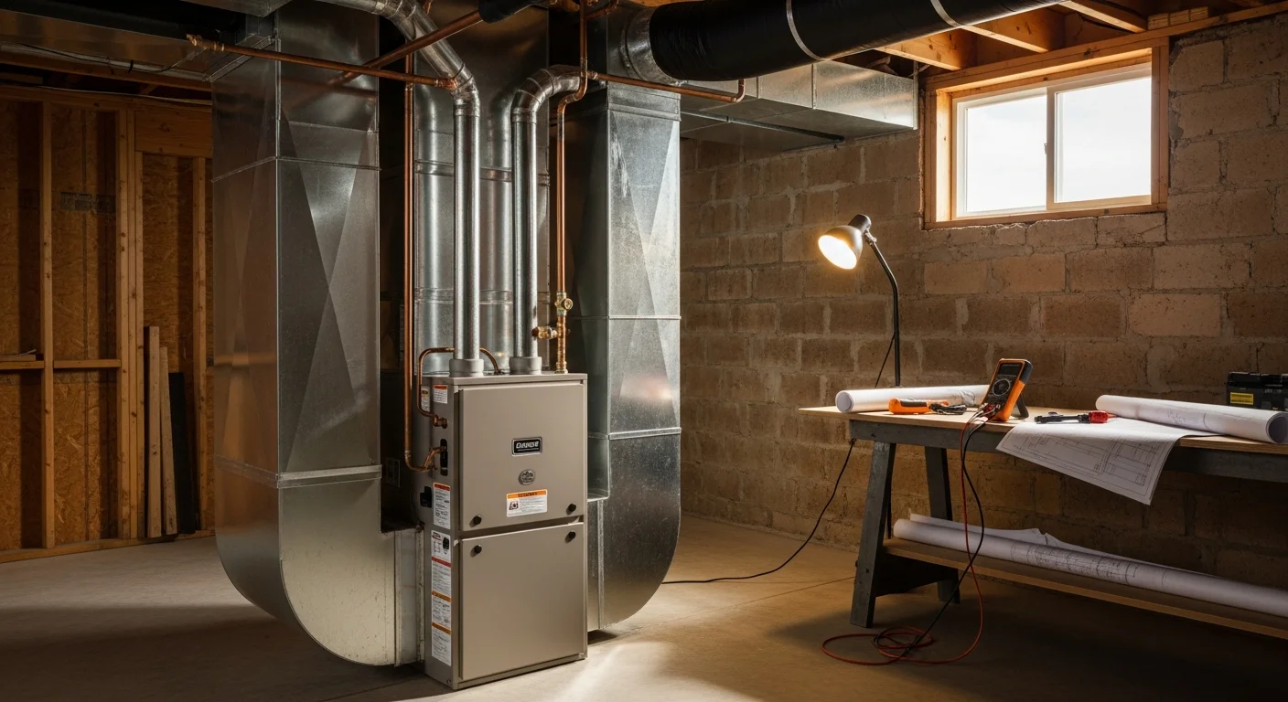 Residential furnace installation in a home utility room