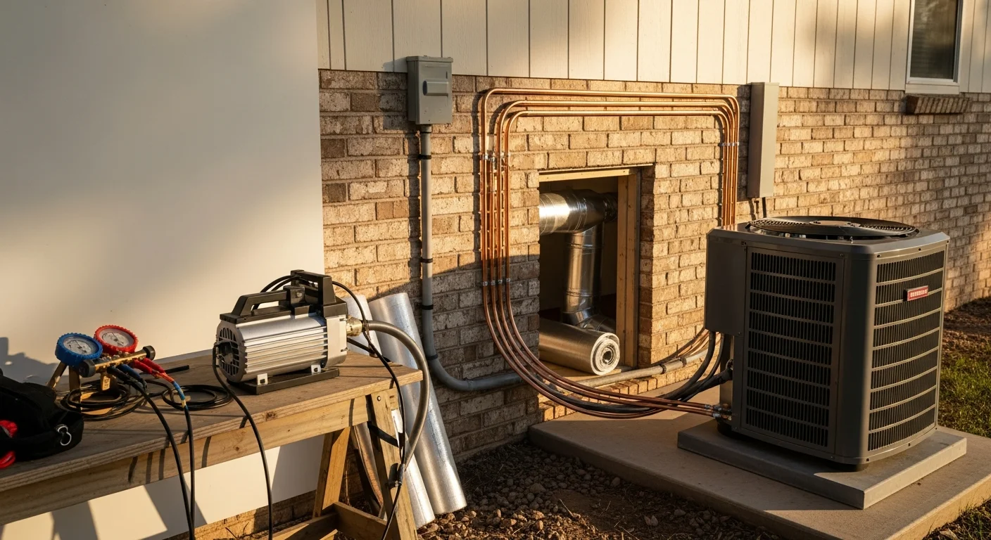 A newly installed outdoor AC condenser unit beside a single-family home in McAllister, Oklahoma, with a technician from James Family Mini Splits & HVAC completing the electrical connections. The surrounding yard shows a typical residential property in the McAllister area.