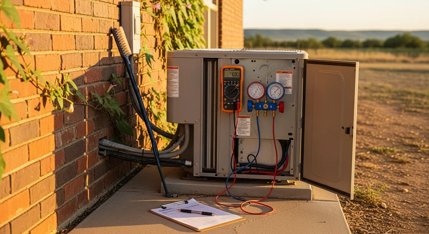 A James Family Mini Splits & HVAC technician inspecting an outdoor AC condenser unit at a residential home in McAllister, Oklahoma. The technician checks coil condition and electrical connections during a routine air conditioning maintenance visit.