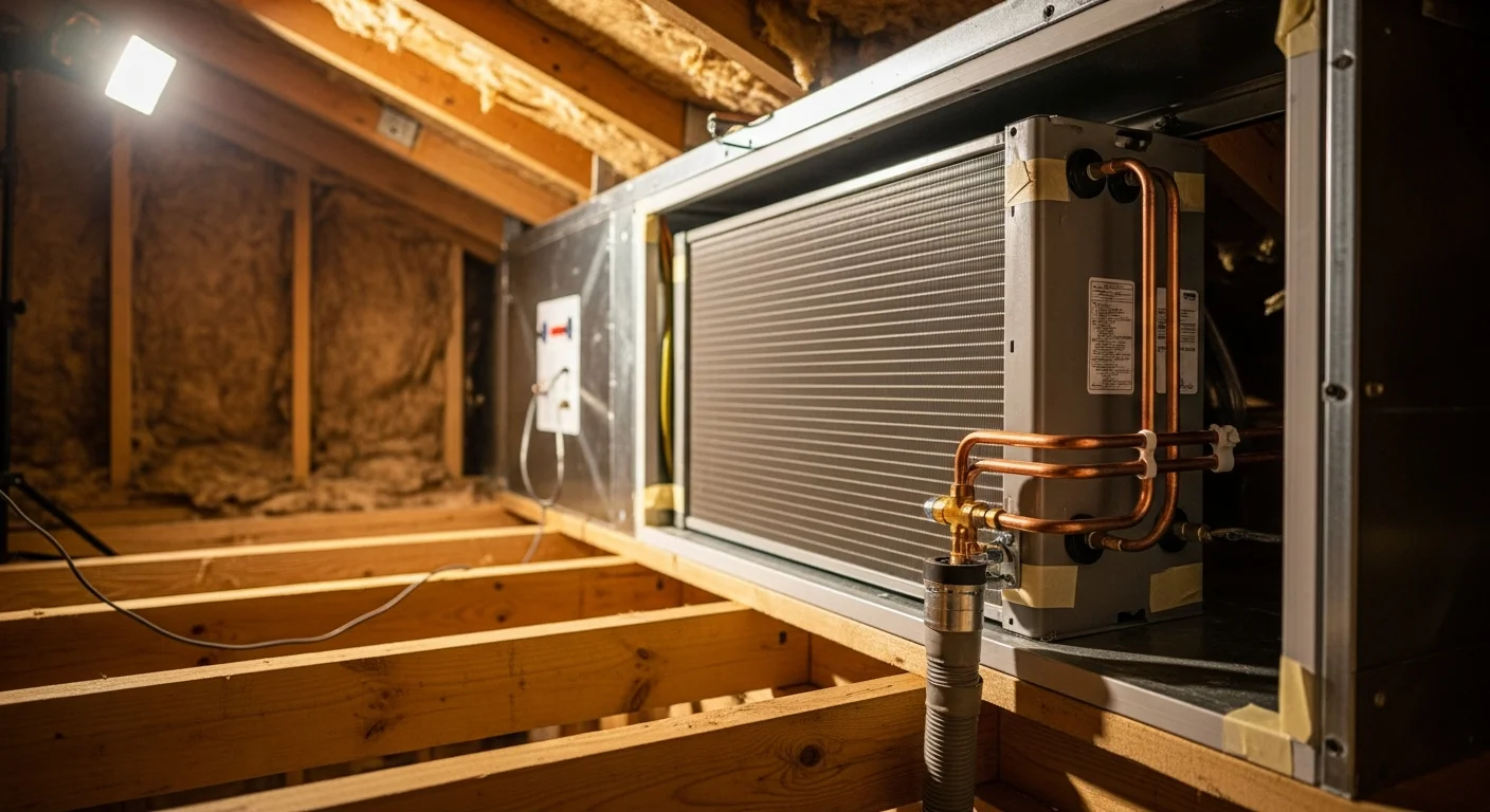 A newly installed evaporator coil mounted inside an air handler cabinet in a McAllister, Oklahoma home, with sealed duct connections and a condensate drain line visible. The surrounding ductwork is clean and properly connected to the coil cabinet.