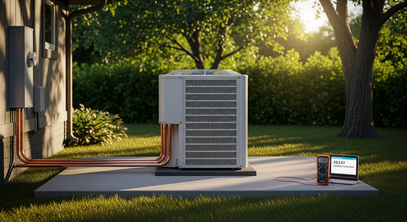 A newly installed outdoor AC condenser unit mounted on a level concrete pad beside a residential home in McAllister, Oklahoma. Refrigerant lines and electrical conduit run neatly from the unit to the exterior wall.