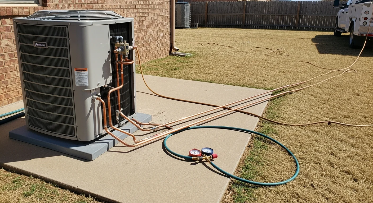 A newly installed AC condenser unit sitting on a level concrete pad outside a residential home in McAllister, Oklahoma. A technician checks refrigerant line connections on the outdoor unit with hand tools.