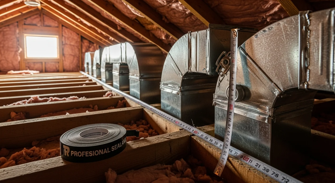 A newly installed residential ductwork system with sealed metal supply and return ducts running through an attic space in a McAllister, Oklahoma home. The duct runs are insulated and connected to a central air handler ready for system startup.