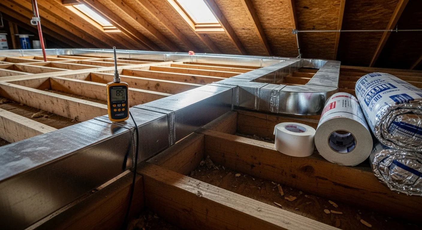 A technician installing new sealed ductwork in the attic of a residential home in McAllister, Oklahoma. The image shows clean metal duct runs being fitted and connected to supply registers.