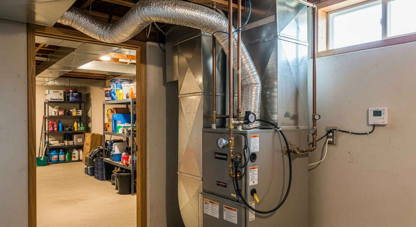 A newly installed furnace unit in the utility room of a residential home in McAllister, Oklahoma, with clean ductwork connections and a digital thermostat mounted on the adjacent wall.