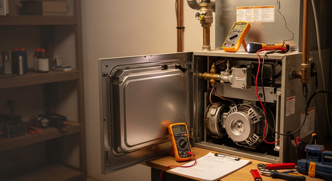 A residential furnace unit inside a McAllister, Oklahoma home being inspected by a heating contractor. The technician checks internal components with a diagnostic tool during a furnace repair service call.