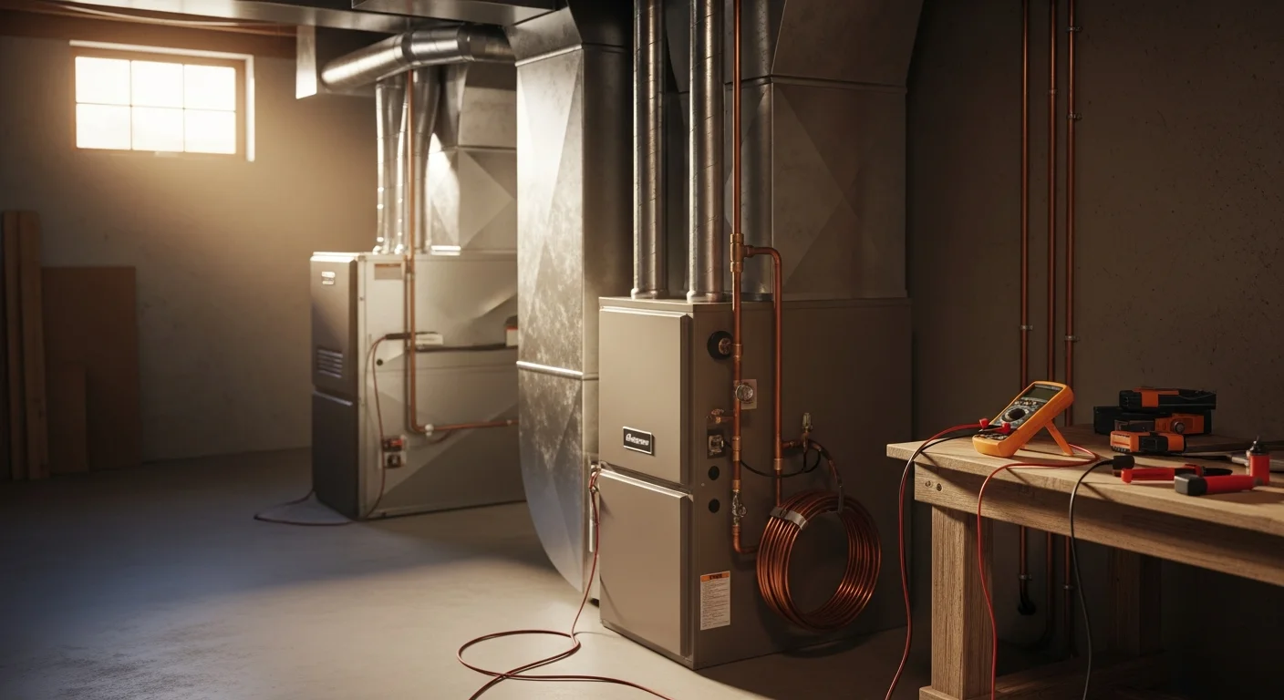 A newly installed furnace unit inside a McAllister, Oklahoma home utility room, with clean ductwork connections and a modern thermostat visible on the adjacent wall.
