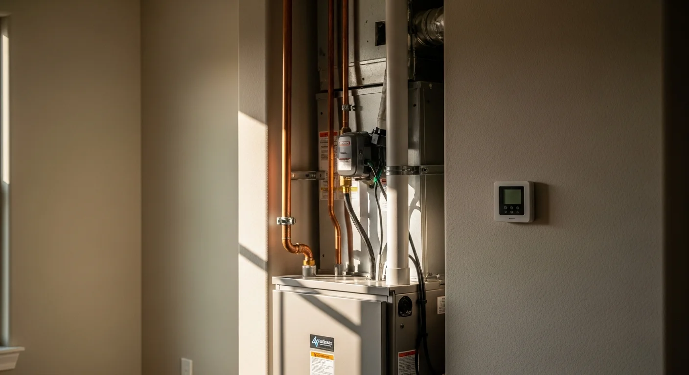 A newly installed heating system unit inside a ranch-style home in McAllister, Oklahoma, with clean ductwork connections and a modern thermostat on the wall. A James Family Mini Splits & HVAC technician inspects the equipment in a residential utility room.