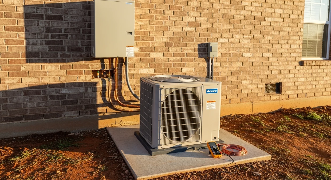 A licensed technician from James Family Mini Splits & HVAC completing an HVAC installation at a residential property in McAlister, Oklahoma. The image shows an outdoor condenser unit mounted on a concrete pad beside a home with a green lawn.