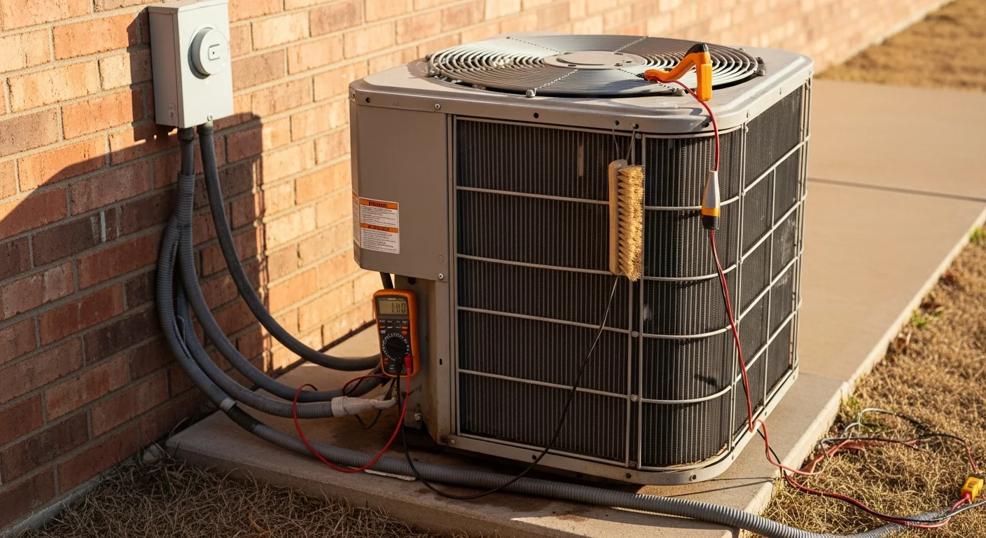 A James Family Mini Splits & HVAC technician inspecting an outdoor HVAC unit at a residential home in McAllister, Oklahoma. The technician checks electrical connections and clears debris from around the unit during a seasonal maintenance visit.