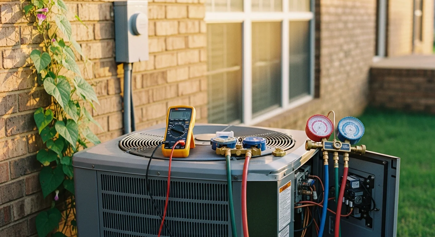 A James Family Mini Splits & HVAC technician inspecting a residential outdoor HVAC unit at a home in McAllister, Oklahoma. The technician checks electrical components and refrigerant lines during a repair service call.