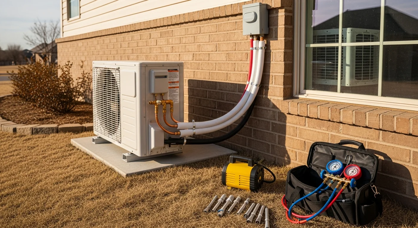 A wall-mounted mini split indoor air handler installed in a residential room in McAllister, Oklahoma, with the outdoor compressor unit visible through the window on the exterior wall. A licensed technician from James Family Mini Splits & HVAC checks the refrigerant line set connection during the final commissioning step.