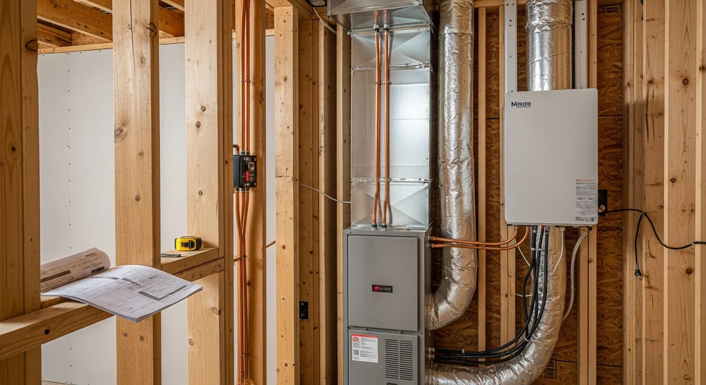 A newly installed heating system with ductwork and air handler mounted in the utility area of an unfinished new construction home in McAllister, Oklahoma. Framed walls and fresh drywall are visible in the background, showing the install at the rough-in stage.