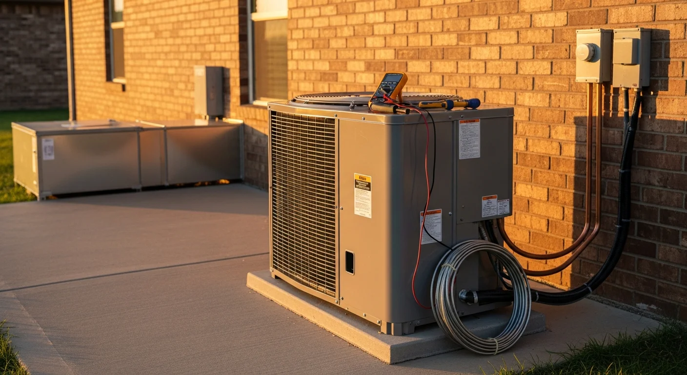 A package HVAC unit mounted on a concrete pad beside a single-story slab-on-grade home in McAlister, Oklahoma, with duct connections visible at the exterior wall. The unit sits level on a freshly poured pad with clear clearance on all sides.